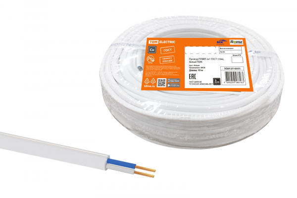 Провод ПГВВП 2х1 (10м), белый TDM РЭМЗ