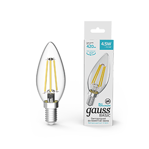 Светодиодная лампа Gauss С35  4,5Вт 220В 4100К Е14 филамент.