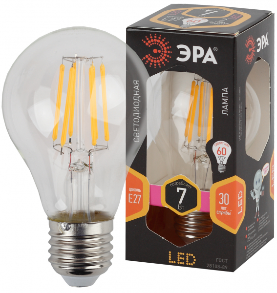 Светодиодная лампа F-LED A60-7W-827-E27 филамент, груша, 7Вт, тепл, Е27)