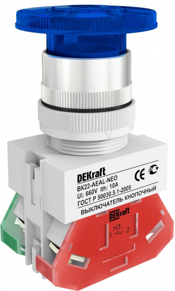 25036DEK Выкл. кноп. грибок с фикс. AEAL Φ22 мм Цвет:СИНИЙ неон 220В ВK-22 DEKraft