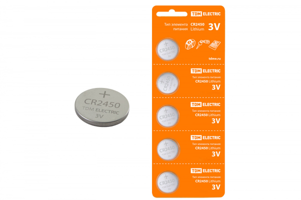 Элемент питания TDM CR2450 Lithium 3V BP-5 (кратно 5)