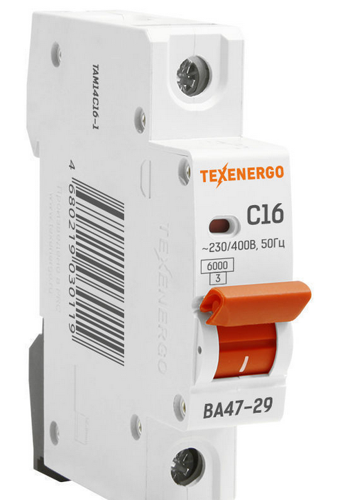Выкл.автом.  1П  16А  хар-ка C  6кА  Texenergo ВА47-29  te00140479