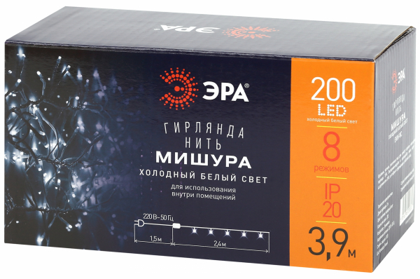 Гирлянда  Мишура  внутренняя  IP20  3 м, 8 режимов, холодный свет, белый провод, 220V  ЭРА Б0047971