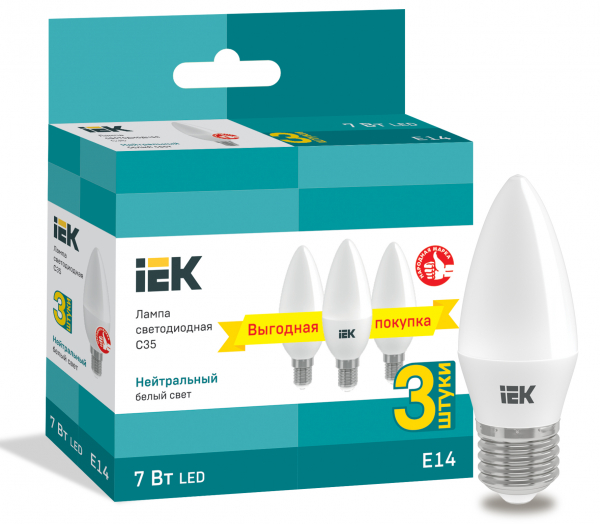 Лампа LED C35 свеча 7Вт 230В 4000К E14 (3шт/упак) IEK
