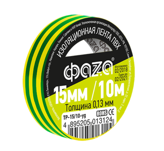 Изолента ПВХ желто-зеленая 15мм 10м  ФАZА