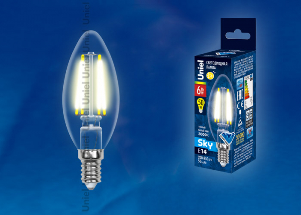 LED-C35-6W/WW/E14/CL PLS02WH Лампа светодиодная. Форма "свеча", прозрачная колба. Материал корпуса пластик. Цвет свечения теплый белый. Серия Sky. Упаковка картон. ТМ Uniel