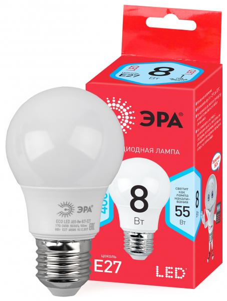 Лампочка светодиодная ЭРА RED LINE LED A55-8Вт-840-E27 R E27