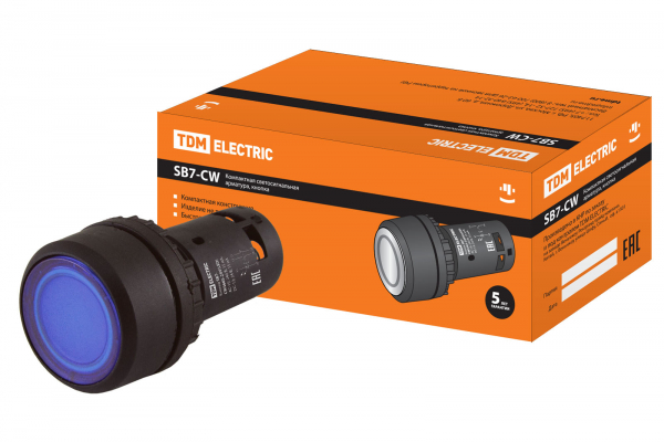 Кнопка SB7-CW3665-24V(LED) d22мм 1з+1р синяя TDM