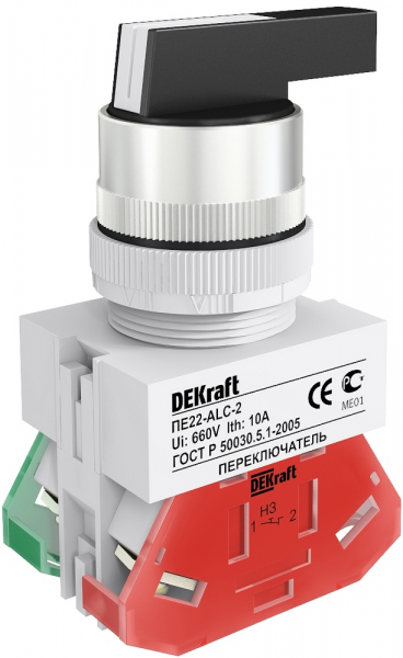 Переключатель DEKraft 25145DEK 2 пол. прав. без фикс. I-O уд. ручка 1НО+1НЗ ALCR-2 Φ22 мм ПЕ-22