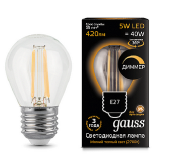 Светодиодная лампа Gauss G45  5Вт 185-265В 2700K E27 филамент. диммир.