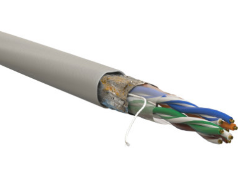 Кабель витая пара экранированная F/UTP, категория 5e, 4 пары (24 AWG), одножильный, внутренний, PVC нг(А)-LS, серый, 305 м WRLine