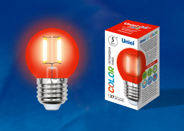 LED-G45-5W/RED/E27 GLA02RD Лампа светодиодная. Форма "шар". Серия Air color. Красный свет. Картон. ТМ Uniel
