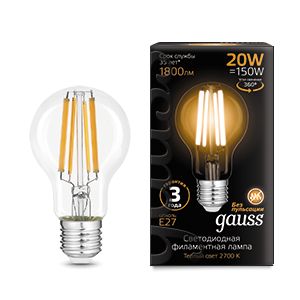 Лампа Gauss Filament А60 20W 1800lm 2700К Е27 LED