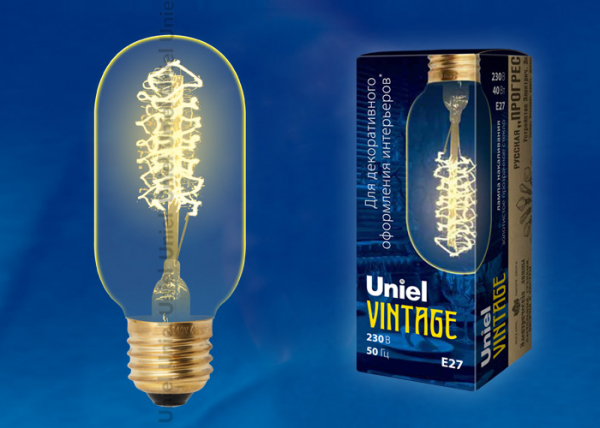 Uniel IL-V-L45A-40/GOLDEN/E27 Vintage. Форма «цилиндр», длина 113 мм. форма нити CW
