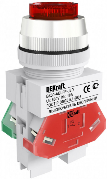 25048DEK Выкл. кноп. ABLFP ?30 мм Цвет:КРАСНЫЙ LED 220В ВK-30 DEKra