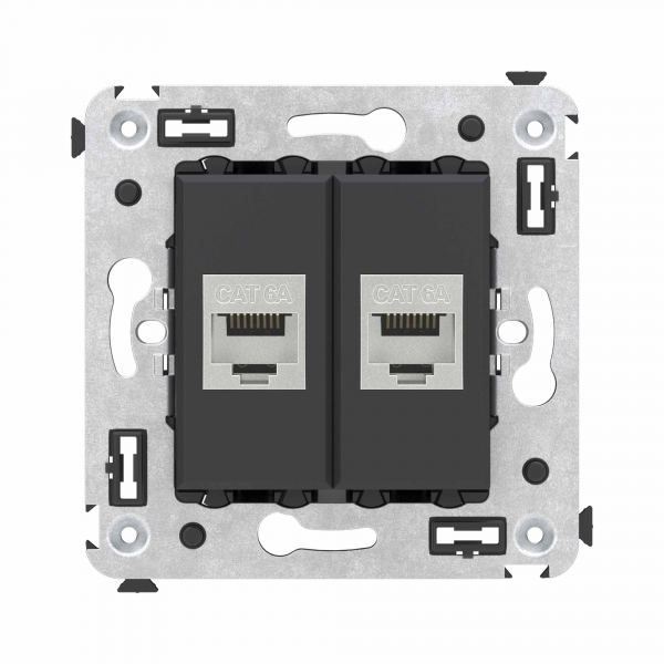 Компьютерная розетка RJ-45 без шторки в стену, кат.6А двойная экранированная, "Avanti", "Черный матовый"