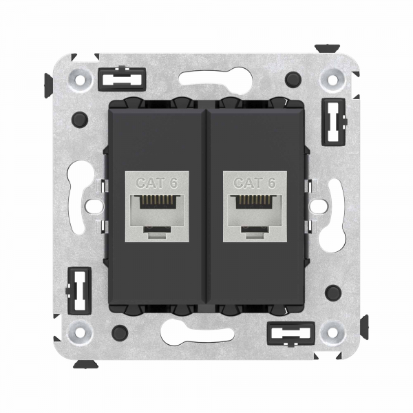 Компьютерная розетка RJ-45 без шторки в стену, кат.6 двойная экранированная, "Avanti", "Черный матовый"