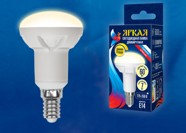 LED-R50 7W/3000K/E14/FR/DIM PLP01WH Лампа светодиодная, диммируемая. Форма "Рефлектор", матовая. Серия Яркая. Теплый белый свет (3000K). Картон. ТМ Uniel.
